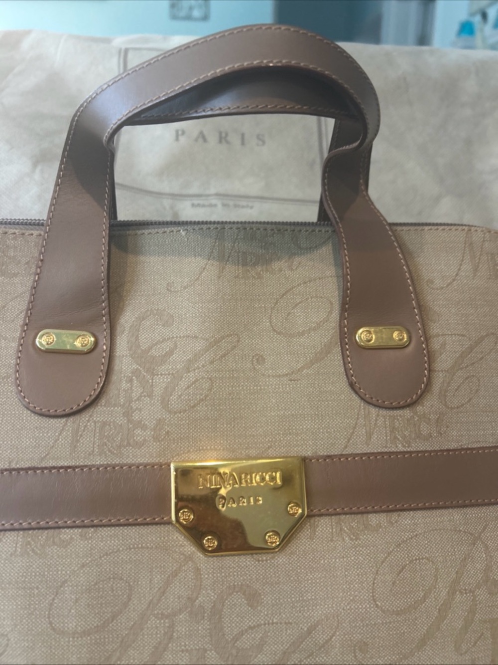 Nina Ricci Beige Canvas Coated Vintage Satchel with Brown Leather Trim/Gold - Picture 4 of 12